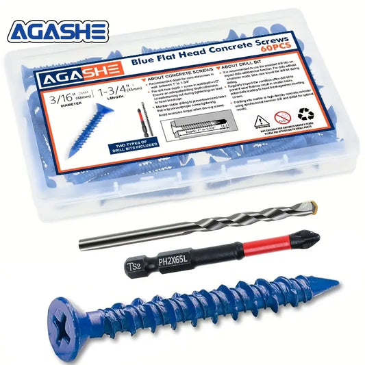 AGASHE 60pcs 3/16" X 1-3/4" Heavy Duty Concrete Screw Anchor Set - Blue Flat Head Screws for Secure Fixing of Masonry, Brick, Cement, Brick And Stucco, Rust-Resistant Blue Coated Masonry Screws, 2 Drill Bits - Reliable Holding Power And Easy Installation