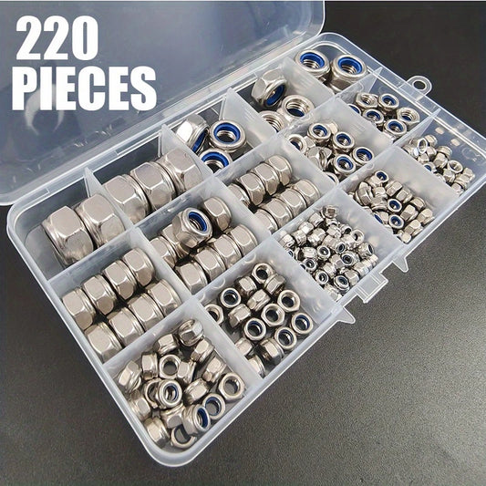 AGASHE 220pcs Stainless Steel Metric Lock Nut Kit, Nylon Insert Hex Lock Nut M3 M4 M5 M6 M8 M10 M12 for lock washers, polished finish, corrosion-resistant, conforms to DIN985, avoids loosening of bolts in harsh environments, as vibration and Impact.