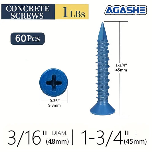 AGASHE 60pcs 3/16" X 1-3/4" Heavy Duty Concrete Screw Anchor Set - Blue Flat Head Screws for Secure Fixing of Masonry, Brick, Cement, Brick And Stucco, Rust-Resistant Blue Coated Masonry Screws, 2 Drill Bits - Reliable Holding Power And Easy Installation