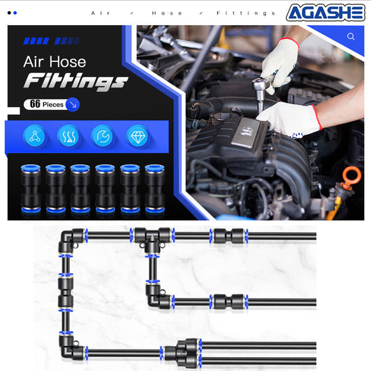 AGASHE 90pcs/box Heavy-Duty Straight Quick Connect Air Hose Fittings Assortment Kit - 4/6/8/10/12mm OD Tubing Pneumatic Push-to-Connect Fittings Kit Air Line Fittings For 5/32 1/4 5/16 3/8 1/2 Inch OD Tube，Durable, Reliable