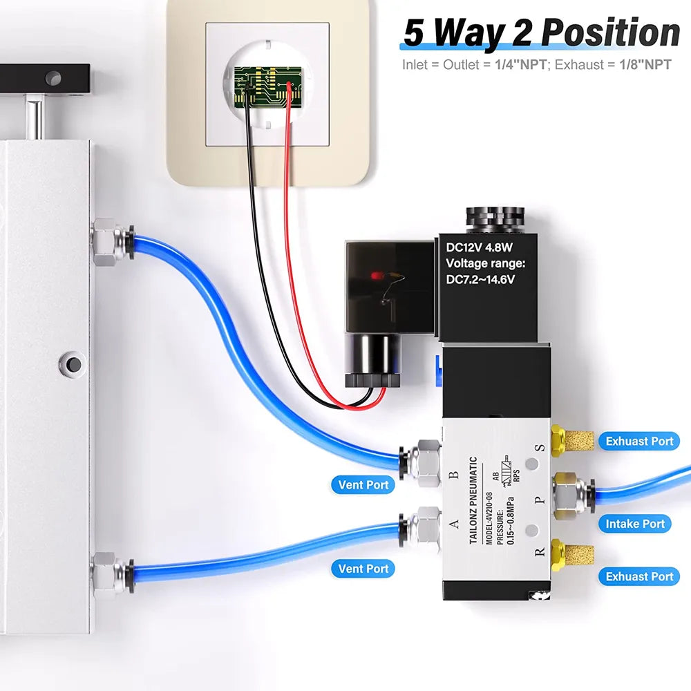 AGASHE PNEUMATIC 1/4"NPT SolenoidValve 4V210-08 12V/24V/110V/220VSingle Coil Pilot-Operated Electric 2Position 5 Way Connection Type