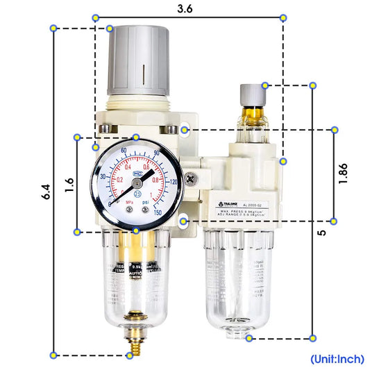 AGASHE PNEUMATIC 1/4 Inch NPT AirFilter Pressure Regulator Water/OilTrap Separator Combo(0-145PSl),AirTool Compressor Filter with GaugeAC2010-02