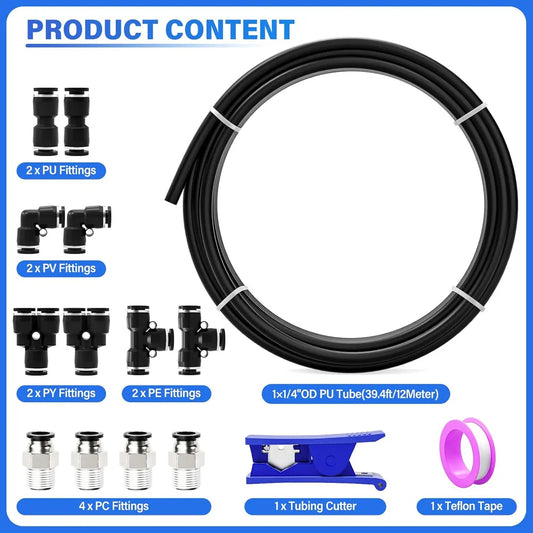 AGASHE PNEUMATIC Black 1/4 Inch od12 Meter 39.4ft Polyurethane PU AirTubing Kit Pipe Hose Line Tubing