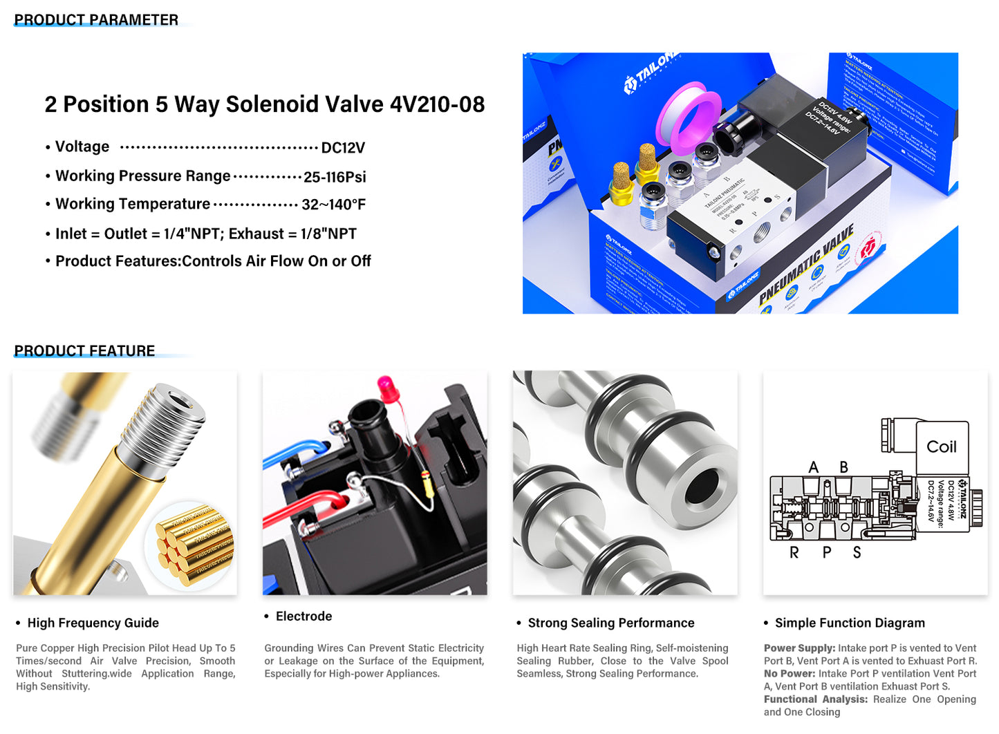AGASHE PNEUMATIC 1/4"NPT SolenoidValve 4V210-08 12V/24V/110V/220VSingle Coil Pilot-Operated Electric 2Position 5 Way Connection Type