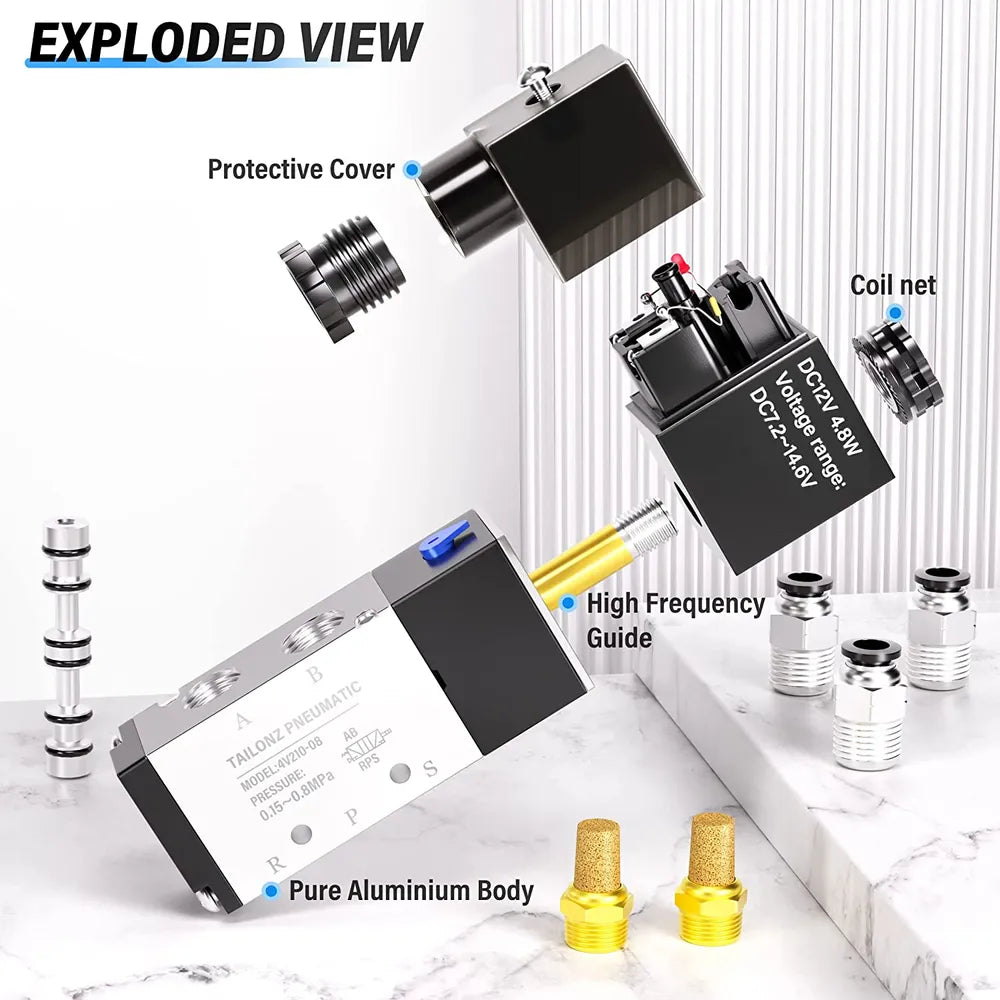 AGASHE PNEUMATIC 1/4"NPT SolenoidValve 4V210-08 12V/24V/110V/220VSingle Coil Pilot-Operated Electric 2Position 5 Way Connection Type