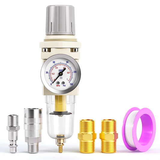 AGASHE PNEUMATIC 1/4 Inch NPT AirFilter Pressure Regulator ComboPiggyback, Air Tool Compressor Filterwith Gauge AW2000-02