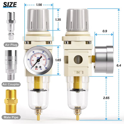 AGASHE PNEUMATIC 1/4 Inch NPT AirFilter Pressure Regulator ComboPiggyback, Air Tool Compressor Filterwith Gauge AW2000-02